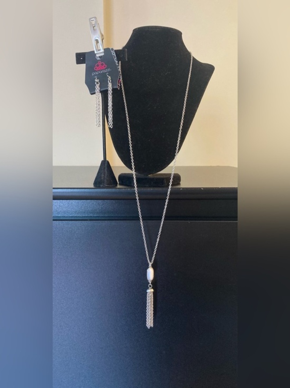 paparazzi Silver Long Tassel Necklace with White Oval Stone
